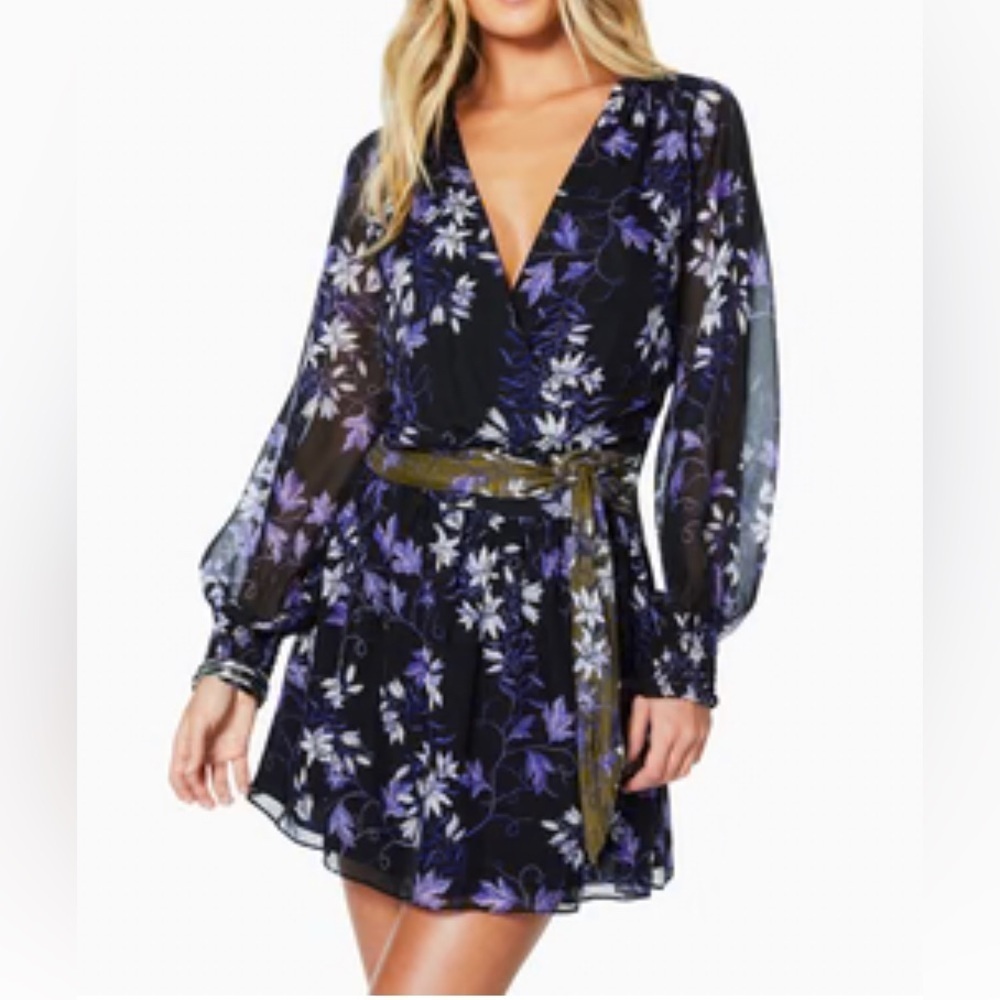 Ramy Brook Stunning 100% Silk Purple Floral Long Sleeve Dress NWT 8